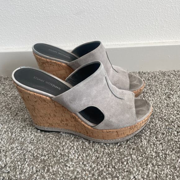 Stuart Weitzman Sandals Wedges Women 9 Gray Suede Cork Ultra High Coastal Resort - Picture 1 of 8